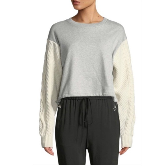 3.1 Phillip Lim French Terry Crewneck Sweatshirt with Cable-Knit Sleeves XS - Picture 1 of 16